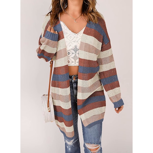 Dam Cardigan i stickad stil, öppen framtill, randig färgblock, långärmad ytterkläder XL