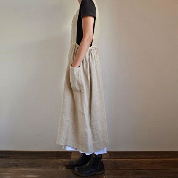 Dame Kjole Afslappet Løs Ensfarvet Forklæde Lange Stropper Bomuld Hør Overalls Kjoler Med Lommer, beige beige XL