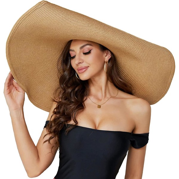 Oversized Strandhat til Kvinder, Moderne Store Bredskyggede Visirhatte Håndlavede Beige