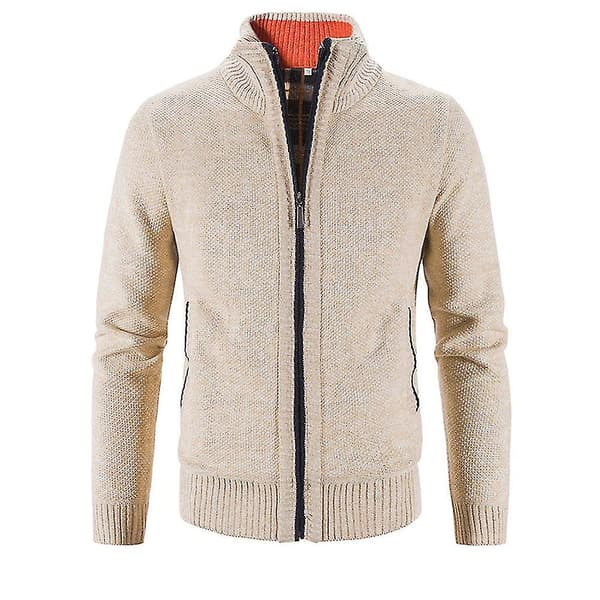Herr Vinter Varm Långärmad Solid Zip Stickad Cardigan Casual Jumper Topprockar Beige 1XL