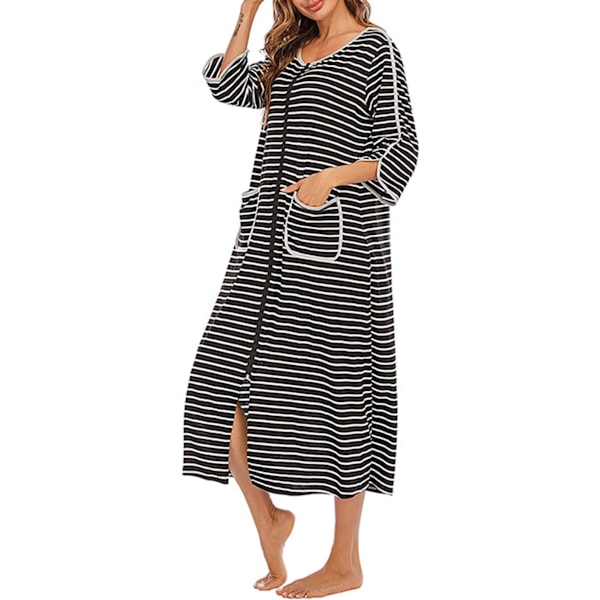 Dame Morgenkåper, Dame Morgenkåpe med Glidelås Kort/Lang Ermet Morgenkåpe Myk Glidelås Badekåpe med Lommer Nattøy black 2XL
