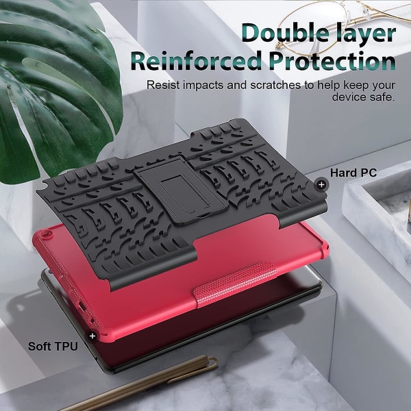 För FIRE Hd 10 Tablet Case 2021, Heavy Dual Dual Layer Stötsäker Slagtålighet Kickstand Case Kompatibel med Fire Hd 10 Case & 10 Pink