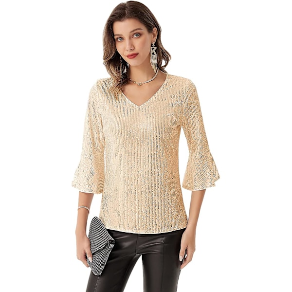 Kvinnor Glitter Sequin Tank T-shirt 3/4 Puffed Sleeve V-hals Blus Topp Light Gold M