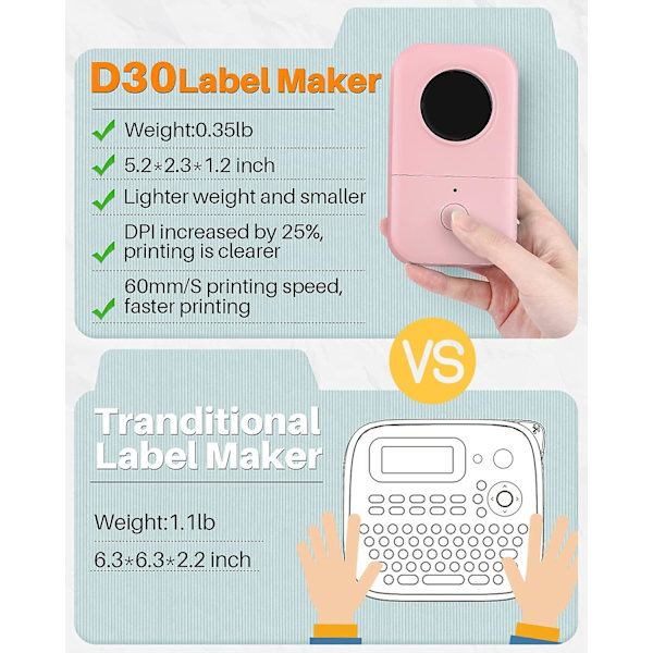 Label Maker D30 2021 Bærbar Trådløs Forbindelse Labelprinter Pink