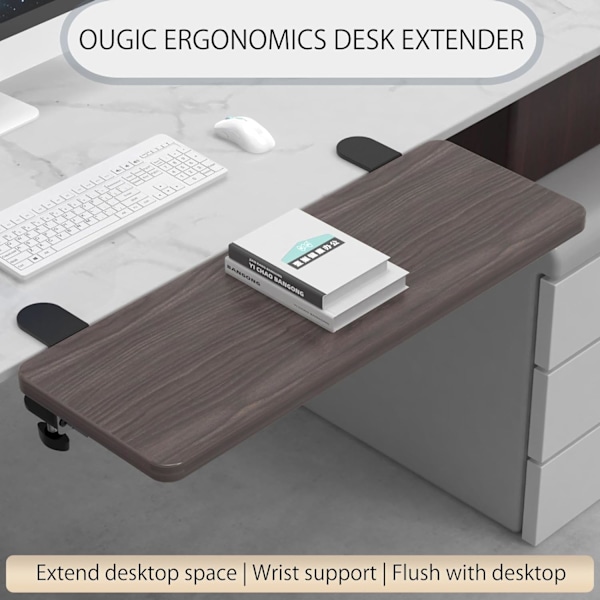Ergonomiskt skrivbordsförlängningsfack, 21,7 tum x 9,5 tum, hålfri klämma, hopfällbart tangentbordsfack, bordsmonterad arm handledsstödshylla
