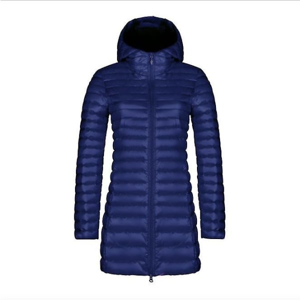 Höst och vinter ny mode dunjacka kvinnlig tunn sektion lång sektion huva koreansk version av den smala stora storleken enkel jacka Navy Blue M