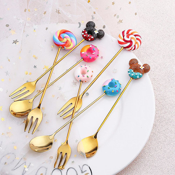 Pieni lusikka jälkiruokahaarukka donitsilusikka tikkukaramellilusikka macaron-lusikka pieni lusikka hiiren pää Donut gold fork [chocolate]]