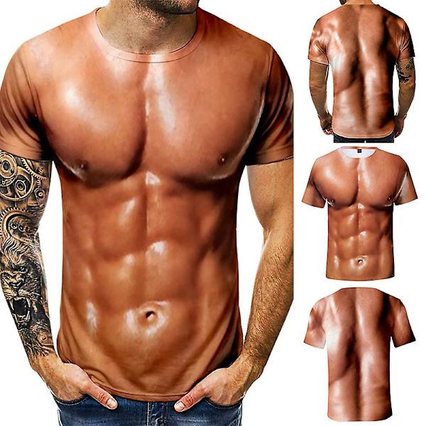 3D T-shirt herr Bodybuilding simulerad muskelskjorta med naken hud bröstmuskler kortärmad XS