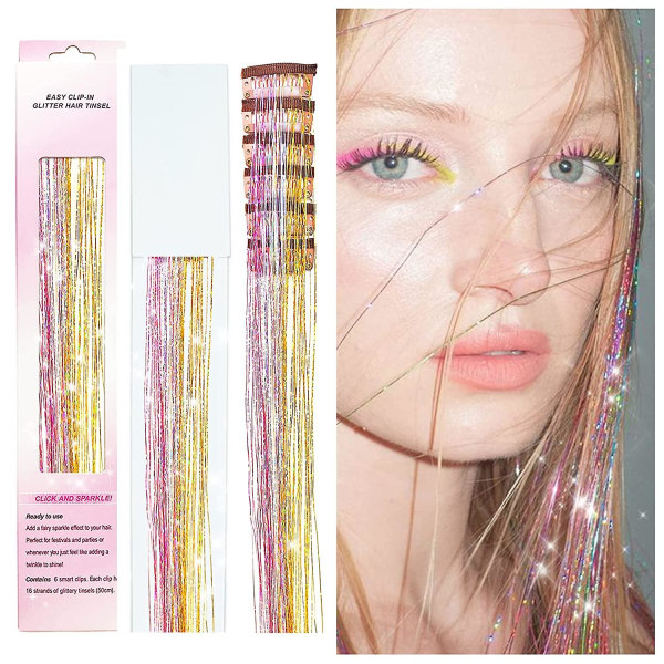 Glänsande trådar glitter hår glitter kit guld siden hår glitter string extensions tillbehör för kvinnor huvudbonad 6pc-sanse 24inches