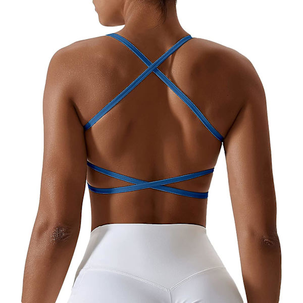 Sport-BH för kvinnor, sexig bustier, vadderad push-up-BH, korsryggs-sport-BH, utan bygel, för yoga, gym Blue L