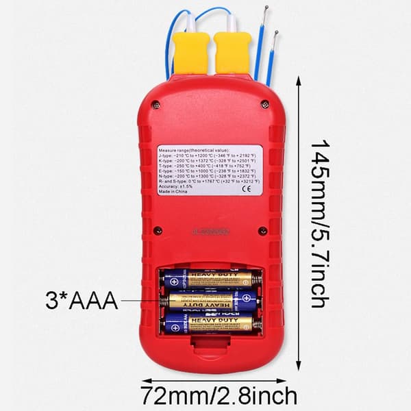 Digitalt dobbeltkanals LCD-baggrundsbelyst termometer med to K-type termoelementprober til type K/J/T/E/R/S/N