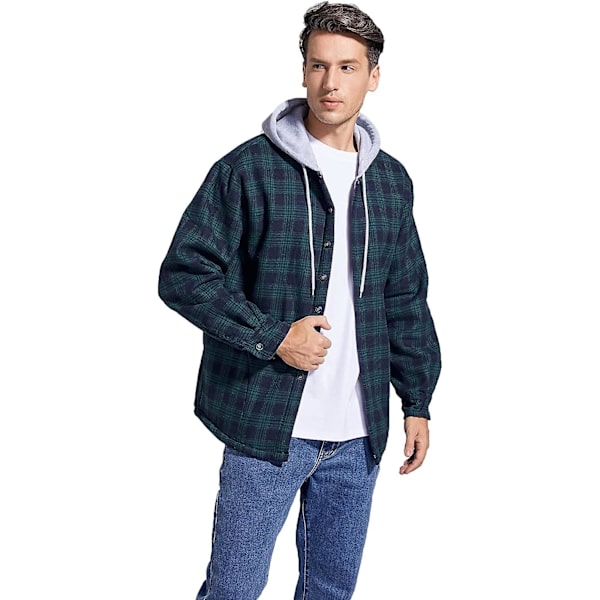 Rutete bomullsjakke for menn, fleeceforet flanellskjorte, Sherpa-jakke med knapper og hette for menn green 2XL