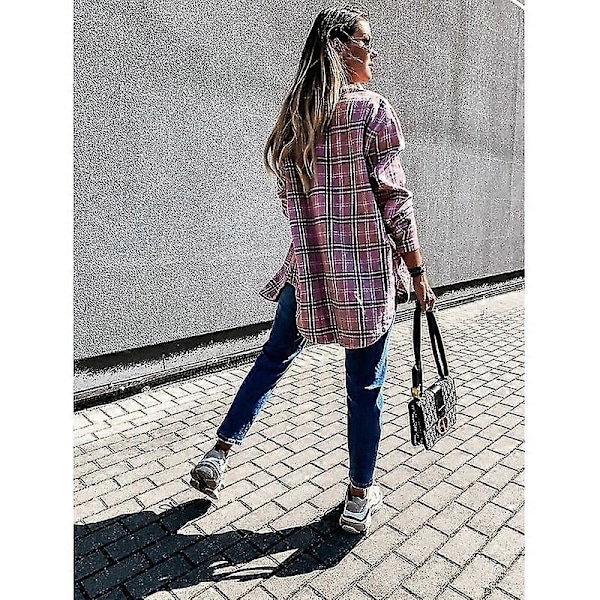 Dame Tøjternet Shacket Jakke Langærmet Knap Flannel Skjorter Pink M