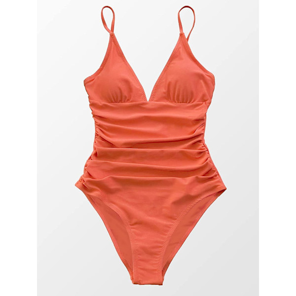 Dame Badedragt Heldragt V-hals Mavekontrol Rynket Front Lav Ryg Orange M