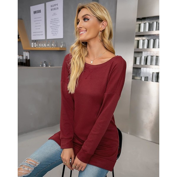 Langærmet sweatshirt til kvinder, rund hals, sideslidser, afslappet tunika pullover T-shirt toppe Wine M