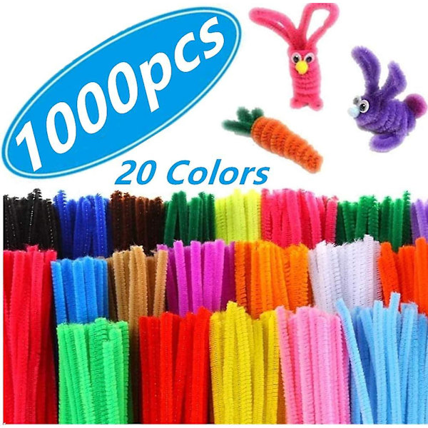 1 000 piprensare i 20 färger Piprensare Värdepaket med flerfärgade chenillestavar för gör-det-själv-konst- och hantverksprojekt och dekorationer - 6 mm x 12 tum