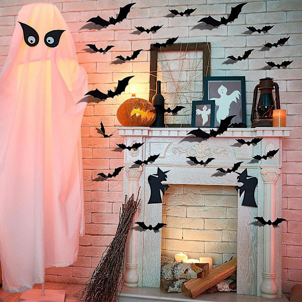 Halloween 3D Lepakot Koriste Muoviset Lepakko Seinätarrat Koti-ikkunan Sisustukseen Juhlatarvikkeet (60kpl) Black 60Pcs