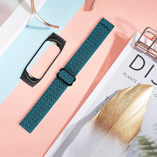 Stretchig nylon anti-scratch justerbar handledsrem för Xiaomi Mi Band 3/4, med svart klockram Cyan