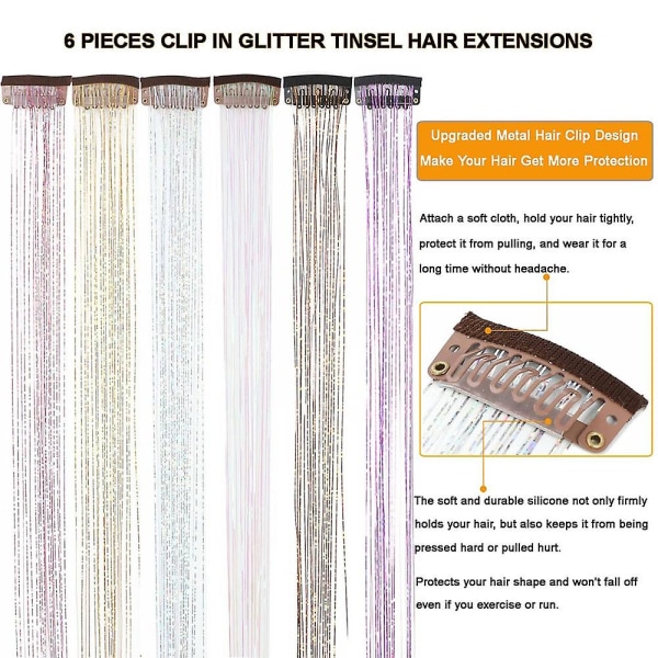 Glittrande trådar glitter hår tinsel kit guld silke hår glitter sträng extensions tillbehör för kvinnor huvudbonad 6pc-qianfen 24inches