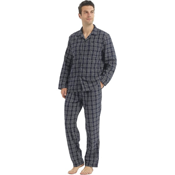 Herr Pyjamas Set Långärmad Rutig Lounge Wear Set Flanell Pyjamas Rutig Topp Och Botten 2 Delar Vinter Bomull Nattkläder Navy Blue M
