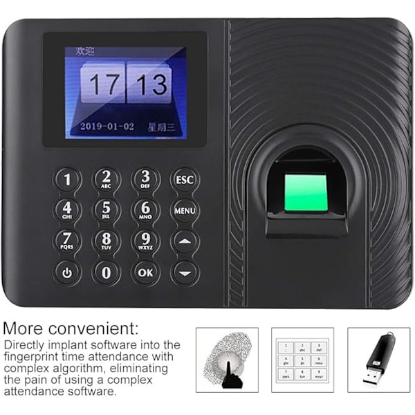 Biometrisk fingeraftryksadgangskontrol med adgangskode, tidspunkt, fremmødemaskine, medarbejder check-in recorder, genkendelsesenhed, adgangskontrol, 2,4\" high-definition farve LCD