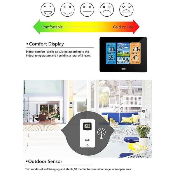 LCD Vækkeur, Vejrudsigt Barometer Termometer Hygrometer Ur + Trådløs Udendørs Sensor Black