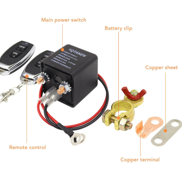Fjernstyrt batterifrakoblingsbryter, DC 12V bilstrømbryter, tyverisikring, hovedstrømbryter med fjernkontroll kobberterminal for bil (12V200A)