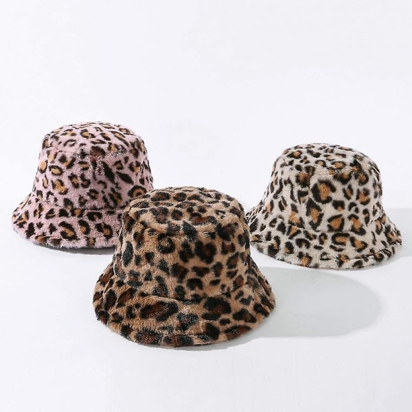 Leopard Print Faux Fur Bucket Hat til Kvinder, Fluffy Vinter Varmere Plys Fiskerhat