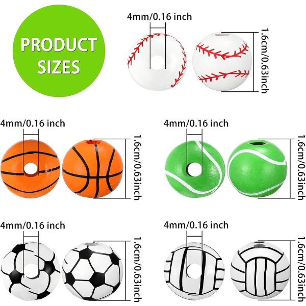 100 stycken sportpärlor sportboll träpärlor fotboll basketboll baseboll volleyboll tennispärlor 5 stilar sport träpärlor