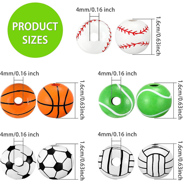 100 Stykker Sportsperler Sportsbold Træperler Fodbold Basketball Baseball Volleyball Tennisperler 5 Stilarter Sports Træperler