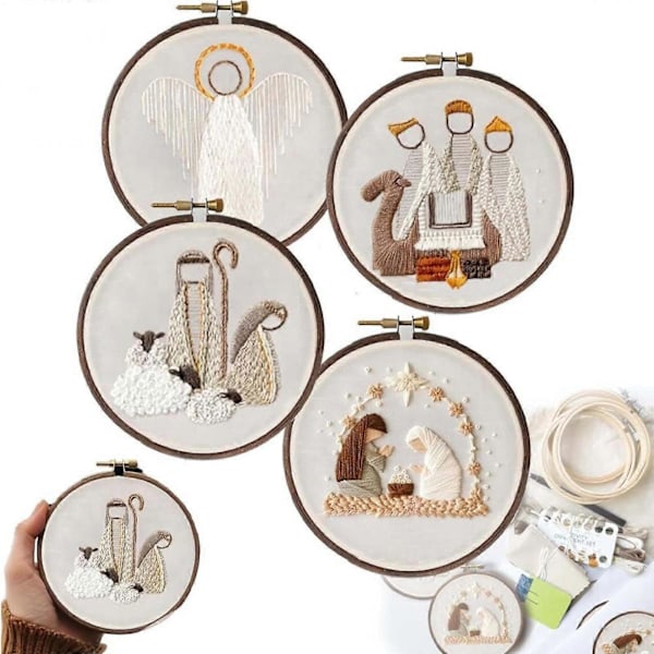 Broderikit med Julekrybbe - Julekorsstingsæt, Broderikit til Begyndere, Kristent Broderikit 4 Set