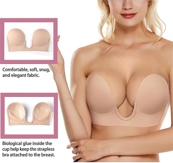 Plunge Stropløs Klæbende Push Up BH Rygløs Usynlig, Med Brystvorte Dæksler Beige X-Large