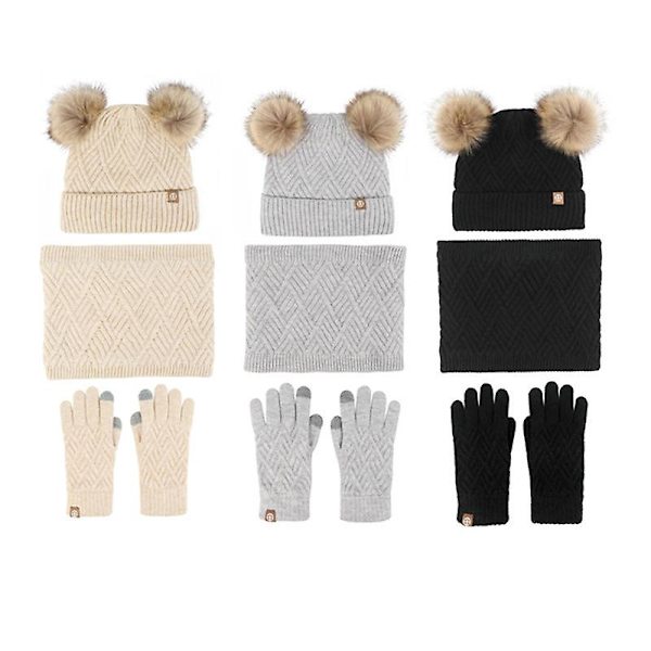 Varm stickad mössa scarf handskar tredelad set plus fluffiga bollar hatt tredelad set Black three-piece set