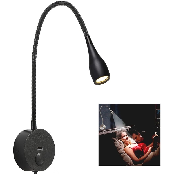 Dimbar Leselampe til Sengekant, Minimalistisk LED Sengelampe Hodegavl Veggmontert med USB-lader (matt svart)