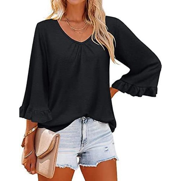 Dame Ensfargede Topper Casual V-hals Ruffle 3/4 Bell Erme Bluse Tunika Løs Skjorte Black A M