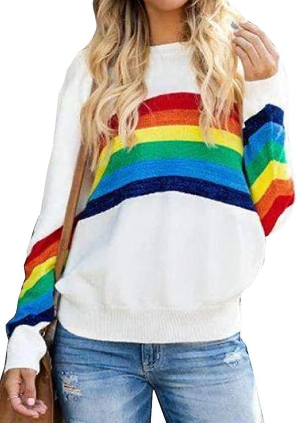 Dame Regnbue Pullover Sweaters Letvægts Langærmet Rund Hals Løs Strikket Sweater M