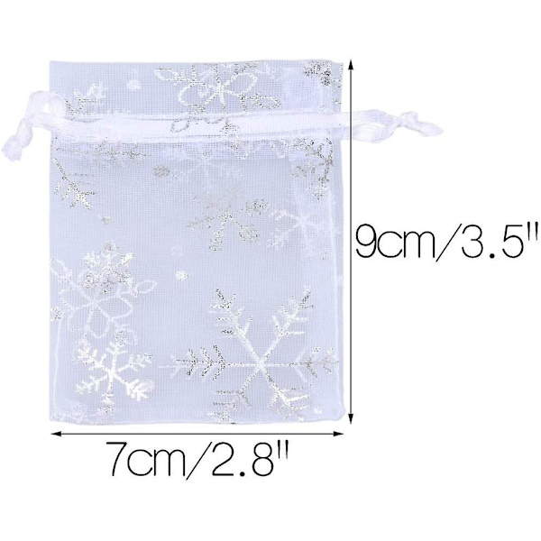 Snefnug Organza Poser til Jul, 100 Stk. Hvide Organza Gaveposer, 7 x 9 cm Organza Poser med Snøre til Jul, Bryllupsgaver, Smykker