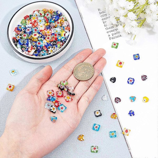 192 stk. Millefiori Lampwork Glassperler 4 Tråder Håndlagde Glassperler Firkantet Hjerte Fargede Glasurperler 0,5 mm Hull for Smykkefremstilling 8x8x3mm
