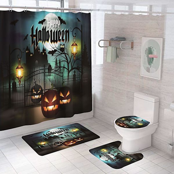 Kurpitsalinna Halloween Suihkuverhosetti, Yleinen Halloween Kylpyhuoneen Sisustussarja 180 cm X 180 cm - Suihkuverho Matolla, WC:n Kannen Päällinen, Kylpy