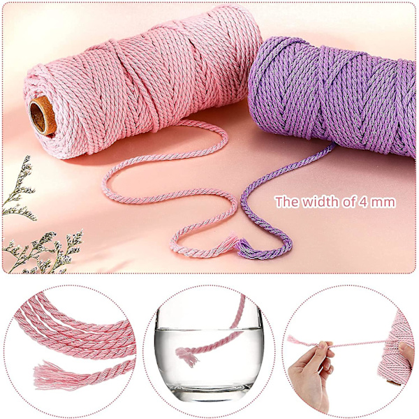 3 Rullar Makrame-Snöre 4 Mm X 54,7 Yard Naturligt Garn Snöre Färgglatt Makrame-Rep Polyester Stickgarn För Väggbonader, Växtupphängningar, Underlägg, DIY