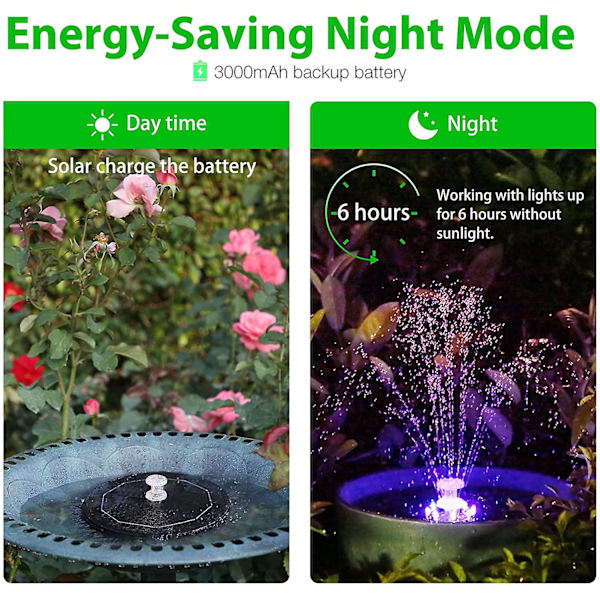 Solarfontænepumpe 5,5w med farverige LED-lys, soldrevet vandfunktion pumpe med 3000mah batteri og 7 dobbelte sprøjtedyser, til fuglebad, fisk
