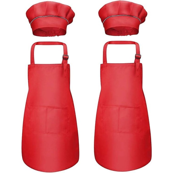 Röd 4 delar barnförkläde och kockmössa, justerbart kockförkläde med 2 fickor för flickor Pojkar, toddler köksträdgårdsförkläden för matlagning Måla hantverk