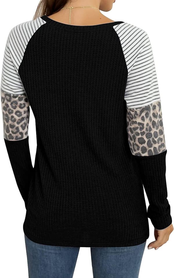 Langærmede toppe til kvinder Vaffelstrikkede tunikaer Leopard Splicing Løs Bluse Damer Black XL