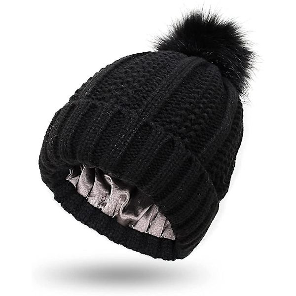Stickad mössa för kvinnor med satin innerfoder Pom Pom vinter varm mössa Bobble Hat