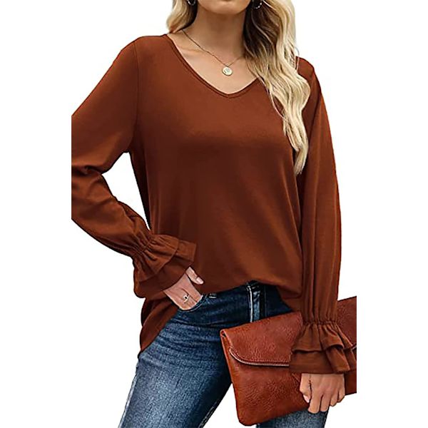 Dame Ensfargede Topper Casual V-hals Ruffle 3/4 Bell Erme Bluse Tunika Løs Skjorte Caramel XL