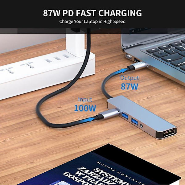5-in-1 USB-C Hub -telakka-asema, Type-C - HD 4K, kaksi USB3.0-porttia, 3,5 mm:n audioliitäntä, PD 60 W:n pikalataus