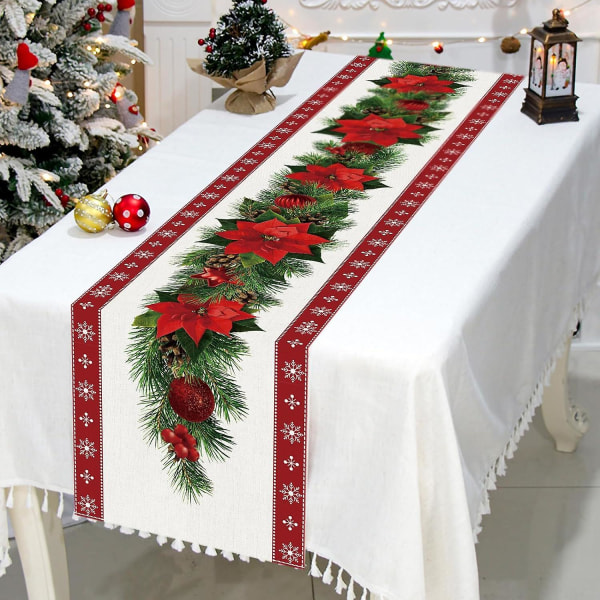 Juledug 33x180cm), Rød juledug i linned med rødt blomster-, juletræs- og klokkeprint, julefrokostborddekoration L