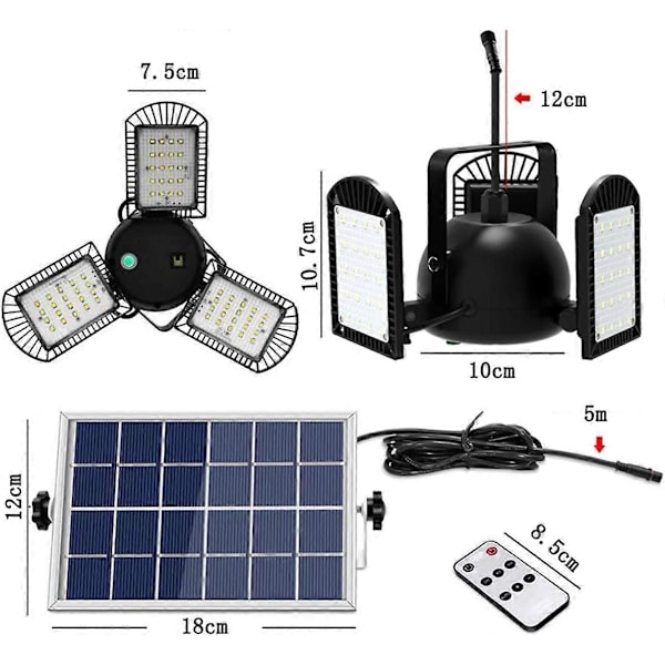 60 LED solcellelampe med 3 hoveder og foldbar vandtæt timer med fjernbetjening solpaneler til parkeringshave