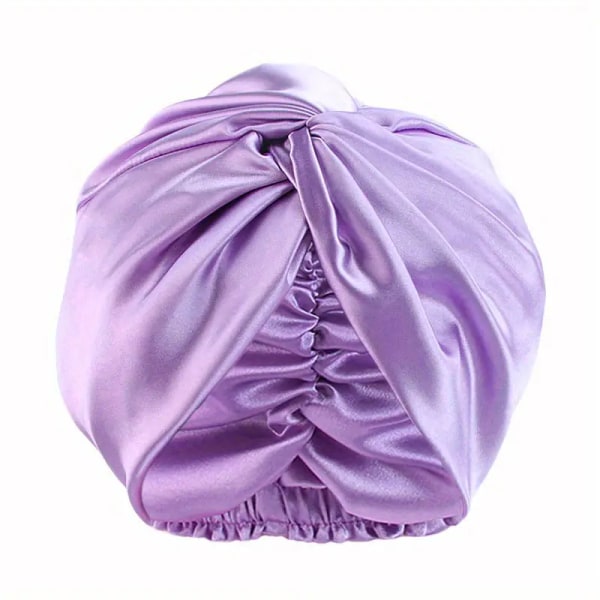 Elegant Satin Ruched Bonnet Dubbelskiktad Knuten Elastisk Turban Mjuk Duschmössa Sovande Nattmössa Hår Bonnet lila