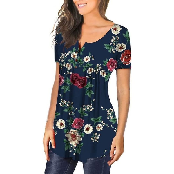 Løse plisserte blomstrete tunikaskjorter for kvinner UK V-hals - Uformelle bluser og topper for kvinner Navy XL